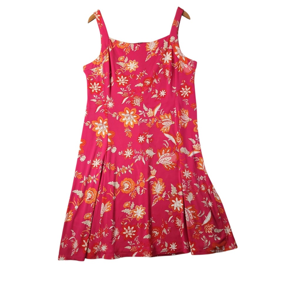 Chaps Womens Pink Orange Floral Sleeveless A-Line Midi Dress Size 14 Square Neck